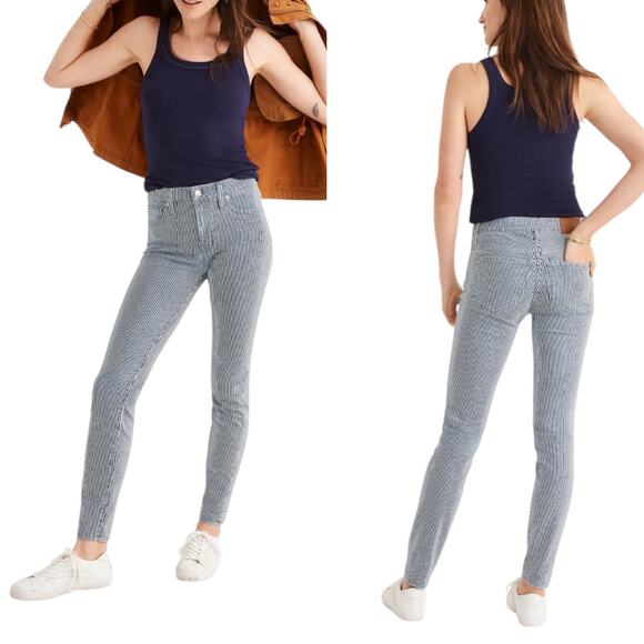 Madewell 9" Mid Rise Skinny Striped Jeans Pants Size 31 White Blue - Picture 1 of 9